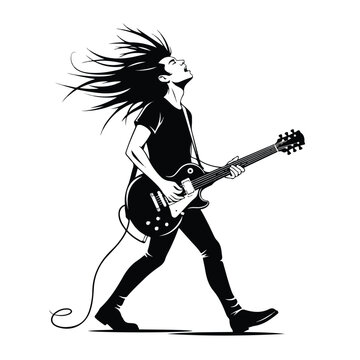 A dynamic black and white illustration of a young guitar hero playing an electric guitar with energetic hair motion on a clean white background