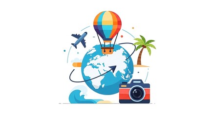 Fototapeta premium Colorful travel-themed illustration with a globe, hot air balloon, airplane, palm tree, waves, and camera. Represents global journeys, adventure, and exploration