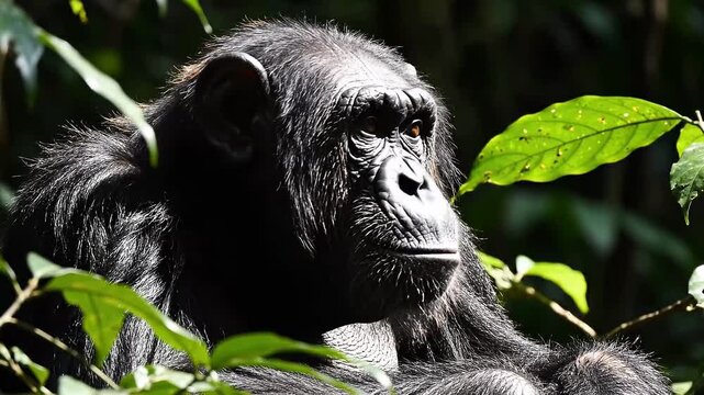 Chimpanzee looking around while resting in forest. Natural setting with sunlight filtering through leaves. Concept of wildlife, animal behavior, nature