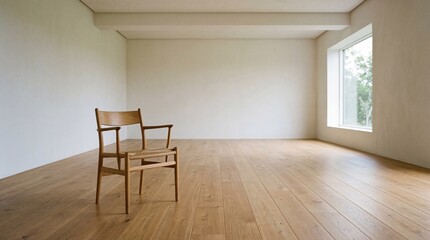 Fototapeta premium Elegant wooden chair sitting in minimalist empty room