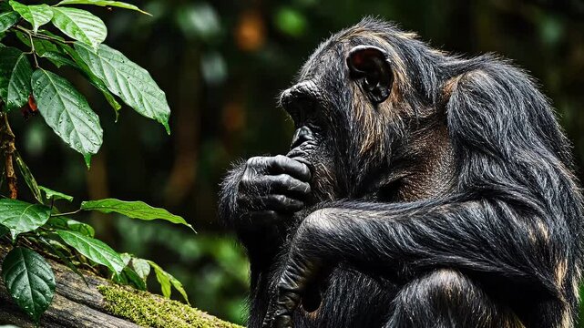 Chimpanzee sitting on branch with hand near mouth. Forest setting with trees and greenery around. Concept of wildlife, animal behavior, nature observation