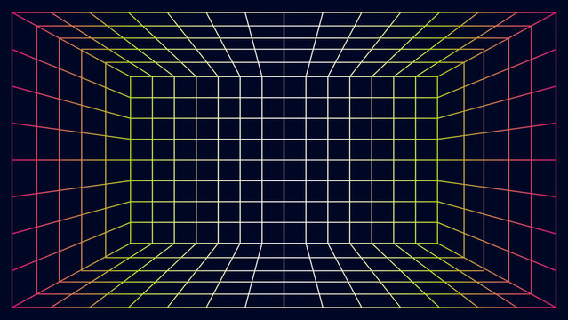 A 3D perspective wireframe grid box with neon pink and yellow gradients on a dark blue background in 1980s retro style
