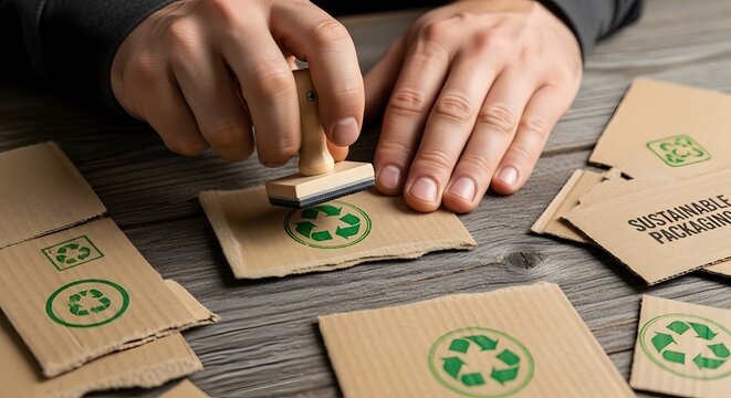 Human hands using a wooden stamp to print recycle symbols on cardboard, symbolizing sustainable packaging and manufacturing.