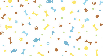 Pet care accessories seamless pattern with dog bones paw prints fish icons and colorful balls on transparent background © MDMUKTADIR