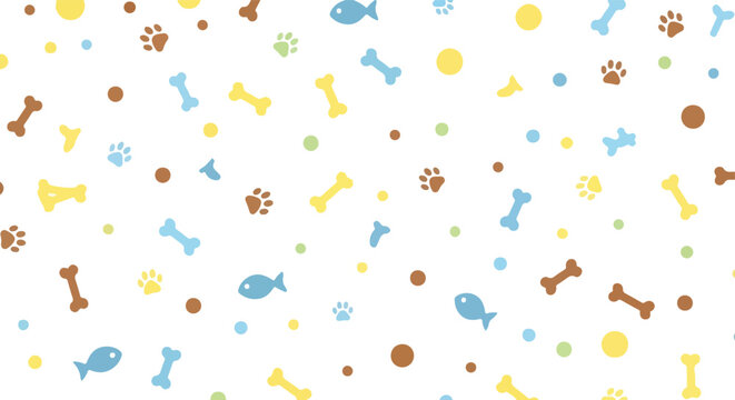Pet care accessories seamless pattern with dog bones paw prints fish icons and colorful balls on transparent background