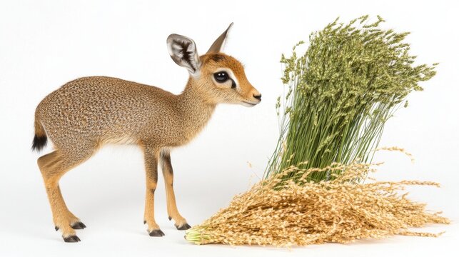 Tiny Dikdik Antelope Poses Beside Fresh Grass
