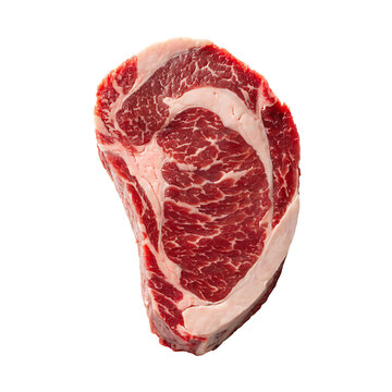 Raw ribeye steak cut of beef meat with visible marbling and fat isolated on a white background for culinary
