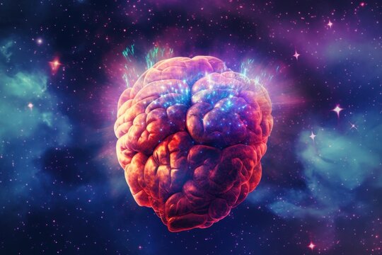 Representa&ccedil;&atilde;o conceitual de um c&eacute;rebro humano flutuando no espa&ccedil;o sideral profundo cercado por nebulosas coloridas e estrelas brilhantes.