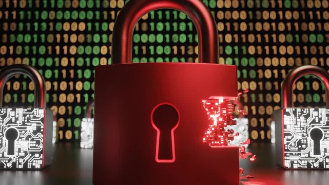 Red padlock breaks revealing glowing circuit board. Other padlocks stand guard against a binary code background. Represents a cyber security breach.