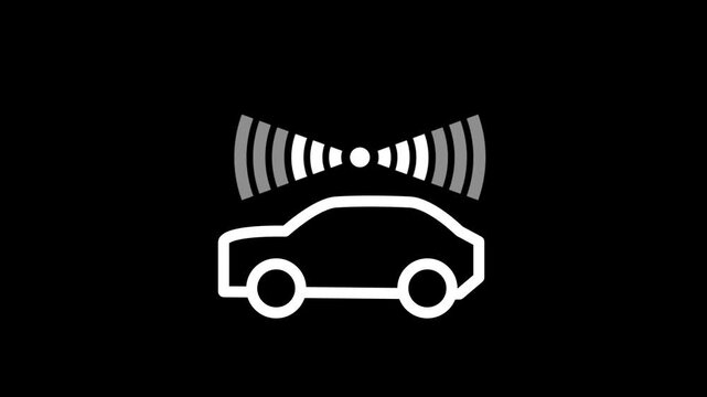 A sleek white outline of a car is positioned under a radar signal icon used to represent vehicle sensors or proximity detection in a digital display