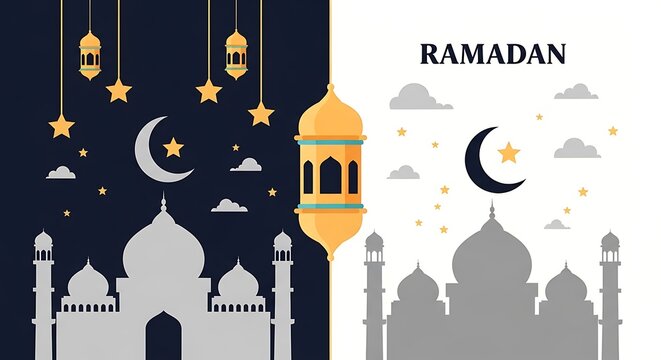 A symmetrical, dual-tone illustration depicts the transition of night to day during a religious celebration, showcasing crescent moons, stars, lanterns, and mosque silhouettes