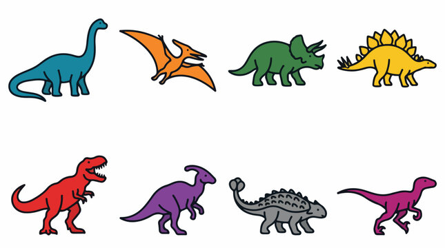 Collection of colorful cartoon dinosaurs and prehistoric creatures in a simple illustration style.