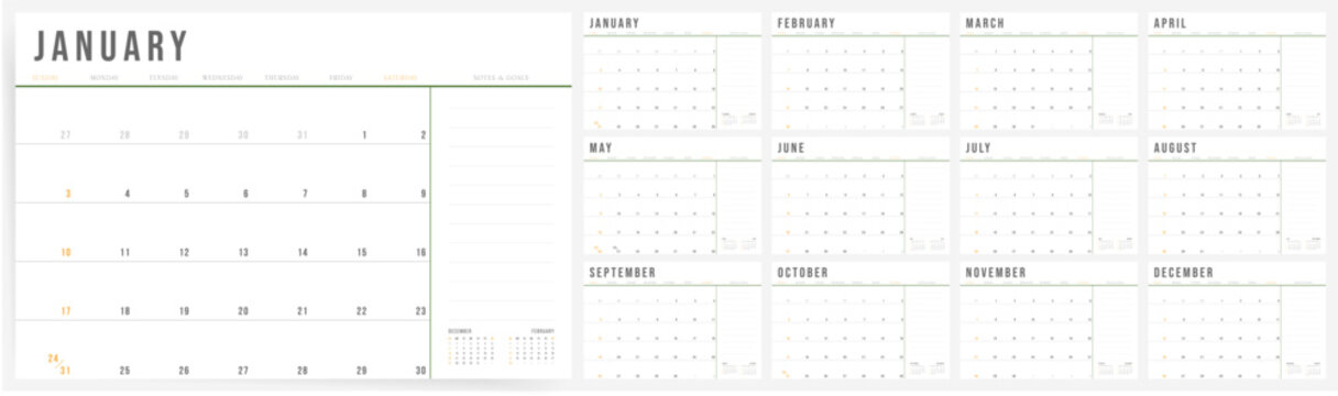 2027 Calendar template design. Week starts on Sunday office calendar. Desktop planner with notes and goals section. Clean minimal green style.
