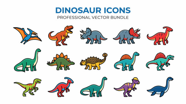 Collection of colorful dinosaur icons, representing various prehistoric creatures in a professional vector bundle.