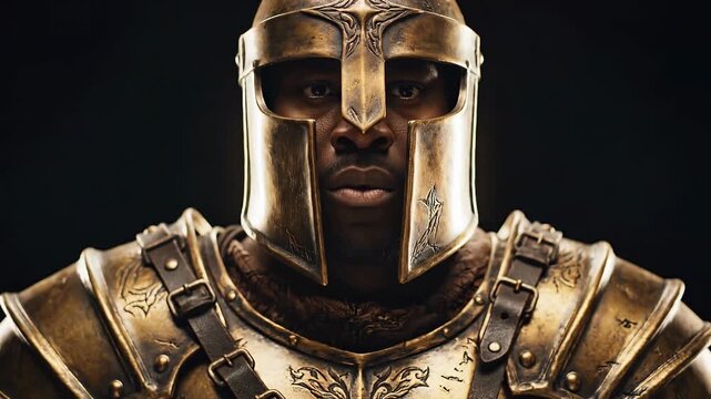 Warrior stands strong in golden armor and helmet. Expression shows focus and readiness. Dark background highlights details of armor. Concept of gaming, fantasy, film