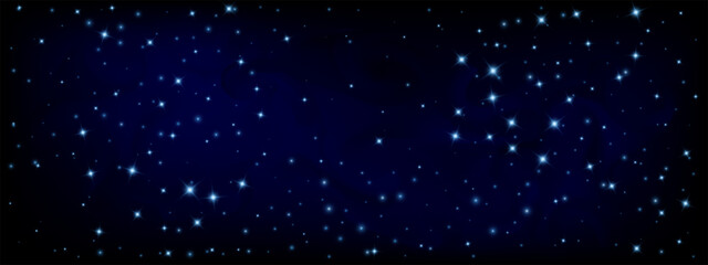Obraz premium Night sky backdrop featuring twinkling stars and dark blue gradient. Celestial universe panorama with milky way, nebula textures, and magical starfield atmosphere.