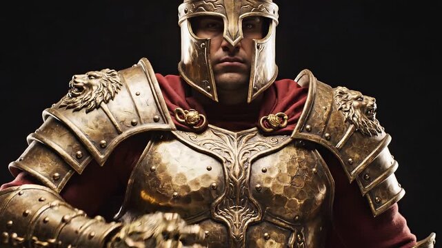 Warrior with golden armor holds sword and shield. Studio setting shows dramatic lighting and dark backdrop. Concept of costume design, history, film production