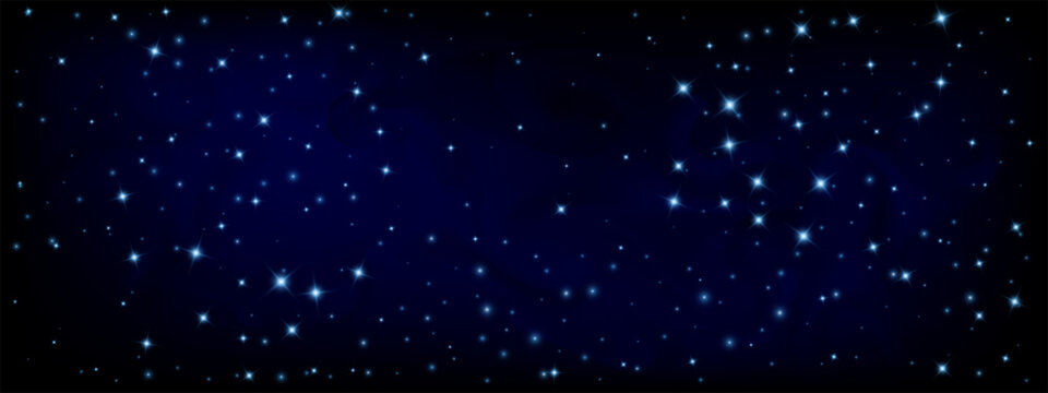 Night sky backdrop featuring twinkling stars and dark blue gradient. Celestial universe panorama with milky way, nebula textures, and magical starfield atmosphere.
