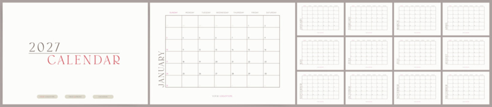 2027 Calendar template design. Week starts on Sunday office calendar. Elegant monthly planner in simple clean style. English vector calendar layout.
