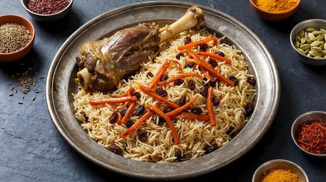 Kabuli Pulao Afghan Rice Dish with Lamb Shank on Metal Plate surrounded by Raw Spices, Saffron, Cardamom, Cumin, and Sumac in Small Bowls, Traditional Middle Eastern Food Concept