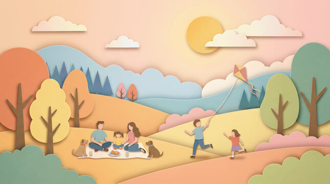 Whimsical papercut illustration of a happy family enjoying a delightful autumn picnic in a vibrant park, with children playing and flying a kite under a warm sun