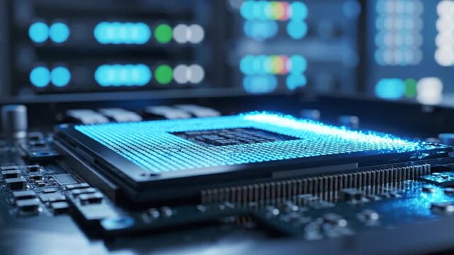 Close-up view of a computer processor on a motherboard with blue lighting, showcasing intricate details and connections in a data center environment
