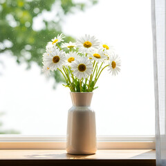 A vase of daisies on a windowsill © Maksuda