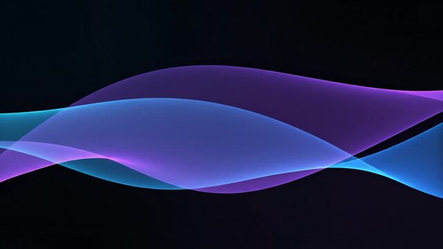 Abstract Wave Form: a dynamic, flowing, abstract pattern of transparent ribbons in shades of blue and purple, gracefully overlapping and creating a visual harmony and sense of depth. 