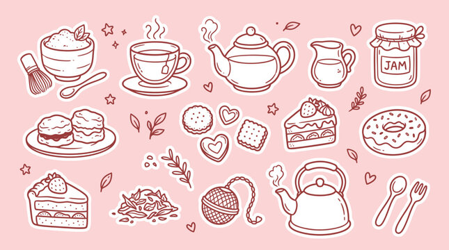 Hand-drawn doodle stickers of a delightful afternoon tea set with various pastries, hot beverages, and sweet treats on a pink background.