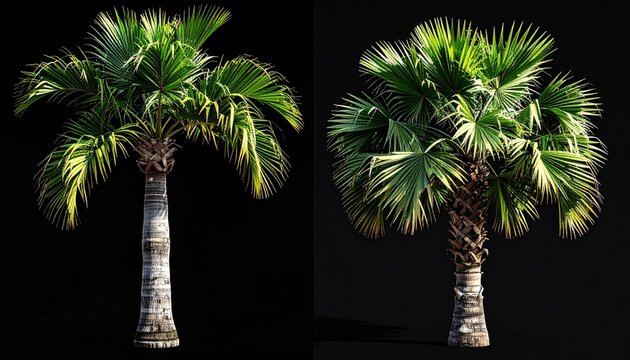 Two lush green tropical palm trees with detailed fan leaves and textured trunks isolated on a solid black background for nature design