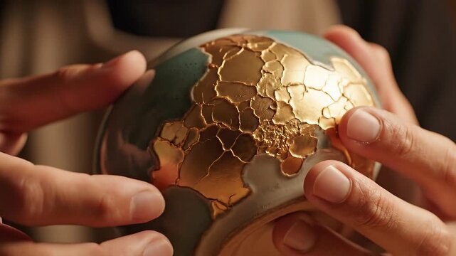 Hands of a person carefully holding a decorative globe with golden continents, showcasing intricate details and textures in a softly lit indoor environment