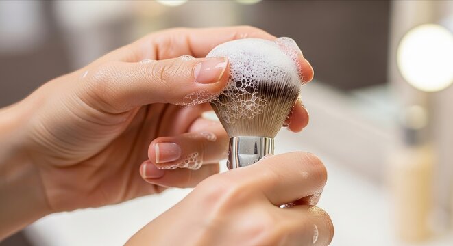 Hand Holding Shaving Brush with Soap Bubbles in Bathroom Setting
