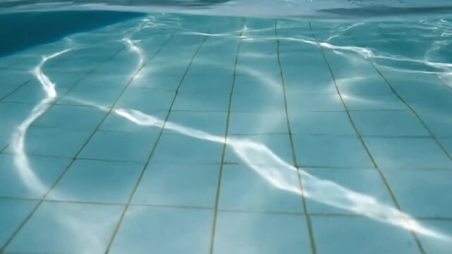 Realistic rippling sunlight caustics on the tiled floor of a swimming pool with clear blue water and gentle waves.