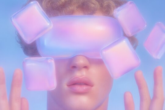 Young man interacts with puzzle interface using augmented reality visor