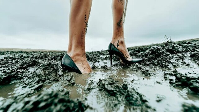 Woman walking in high heels on muddy ground capturing contrast between elegance and harsh environment with focus on movement texture and resilience