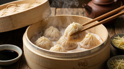 Fototapeta premium Close-up of xiao long bao soup dumplings with steam rising in bamboo basket, no text, no logos, no faces, Shanghai gastronomy concept for restaurant brand or culinary editorial, commercial use