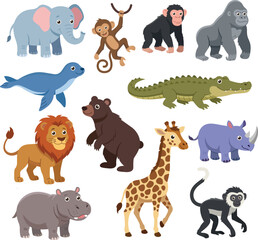 Obraz premium Wild animals set in flat style. Cute cartoon animals collection: crocodile, rhinoceros, elephant, giraffe, bear, gorilla, monkey, lion, hippo, chimpanzee, sea lion