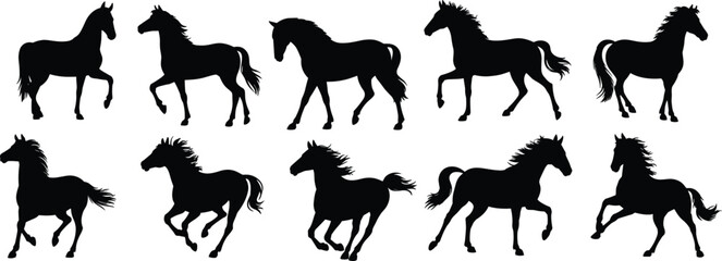 Running horse silhouettes collection, wild stallion galloping horse poses equestrian animal wildlife vector illustration set isolated design elements © lokman