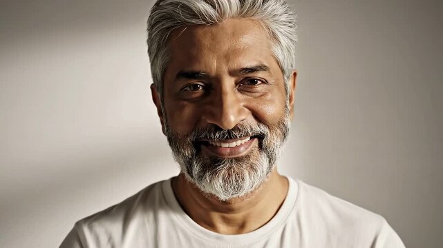 Man looks at camera with a smile in a studio setting. Neutral background enhances features and expression. Concept of personal connections, creativity, visual storytelling