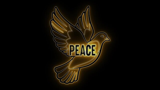 Neon peace dove. Glowing bird art. Peace typography. Unity animation. Gold neon vector. Harmony graphic. Flying dove sign. Global solidarity. Vibrant peace art. Spiritual hope art.
