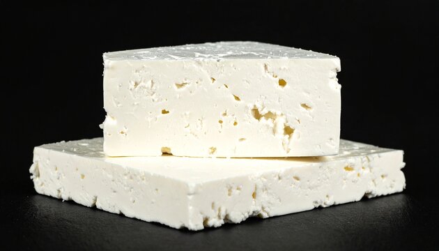 Blocks of fresh white feta cheese on a black slate background and dark surface for gourmet culinary recipes and healthy Mediterranean diet