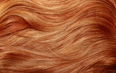 Fototapeta premium Red hair close-up as a background. Women's long orange hair. Beautifully styled wavy shiny curls. Hair coloring bright shades. Hairdressing procedures, extension.