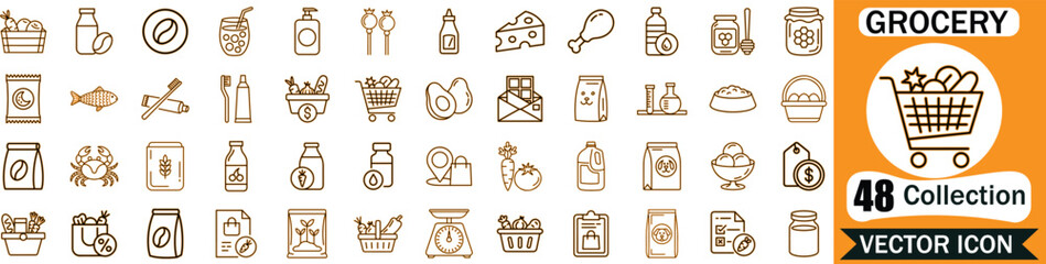Set of 48 grocery and supermarket shopping icons featuring food products, household items, and shopping cart symbols in a modern thin line vector illustration style © Emran Hossain