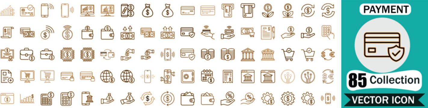 Comprehensive set of 85 finance and payment vector icons featuring banking symbols, digital currency, credit cards, and online transaction elements for modern business interface design projects