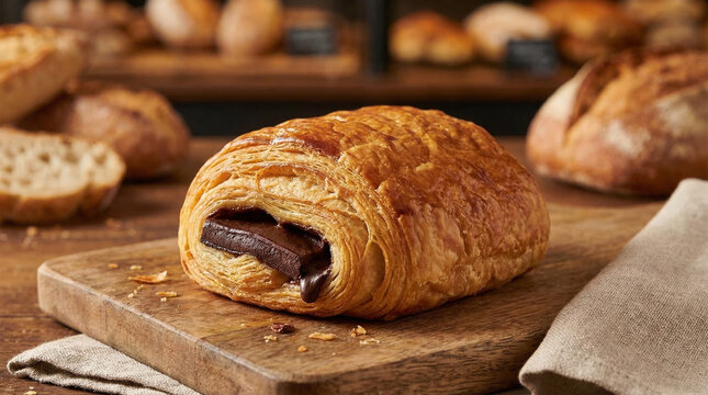 Close-up of pain au chocolat with dark chocolate bar visible inside pastry, no text, no logos, no faces, French bakery concept for patisserie brand or culinary editorial, commercial use