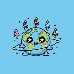 Naklejka premium Smiling Earth with Cartoon Rockets Orbit.