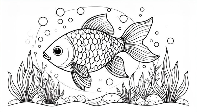 Goldfish Coloring Page for Kids &ndash; Monochrome and Colored Vector Illustration