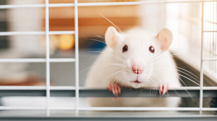 Fototapeta premium White rat looking out from a cage, a domestic pet rodent with red eyes displaying curiosity and care