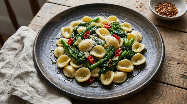 Close-up of hand-rolled orecchiette with broccoli rabe and chili on dark plate, no text, no logos, no faces, Pugliese pasta concept for restaurant brand or culinary editorial, commercial use