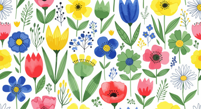 A seamless floral design filled with lively blossoms and delicate leafy accents